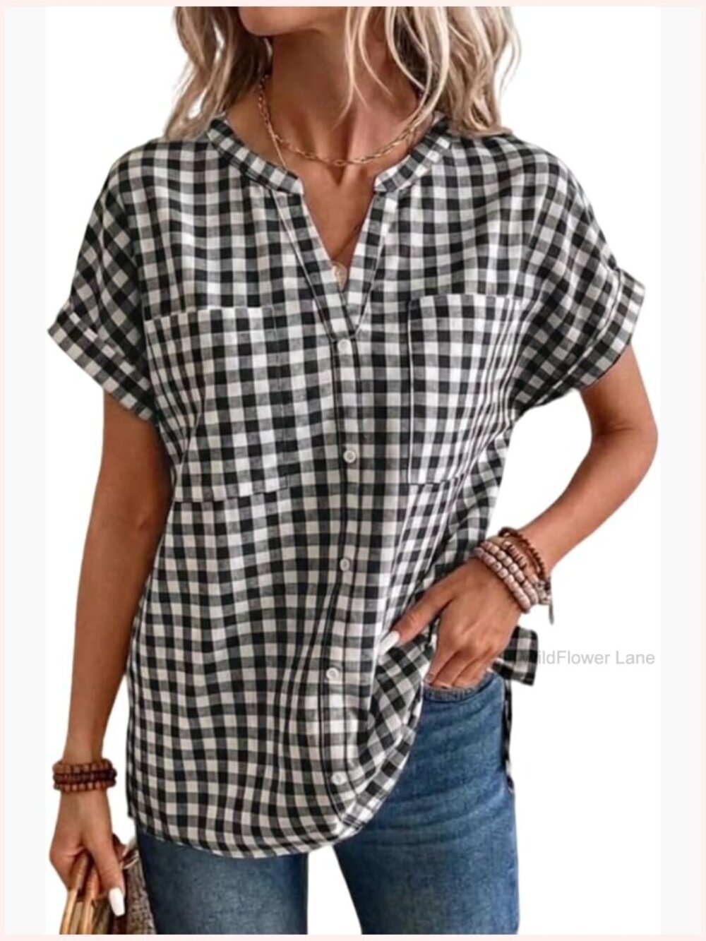 Short Sleeve Button Down Cotton Blouse Gingham Check Top